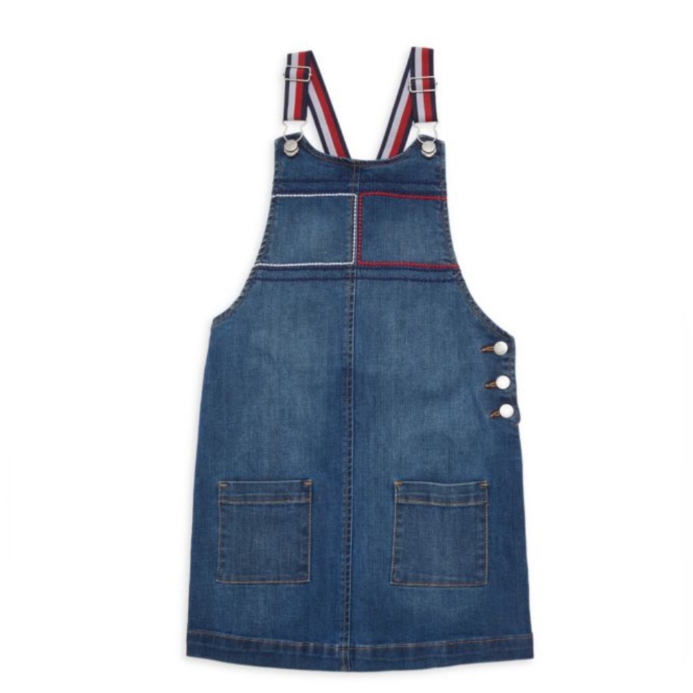 Tommy Hilfiger Girls MEDIUM Dark Denim Jean Overall Dress Skirt Striped Straps